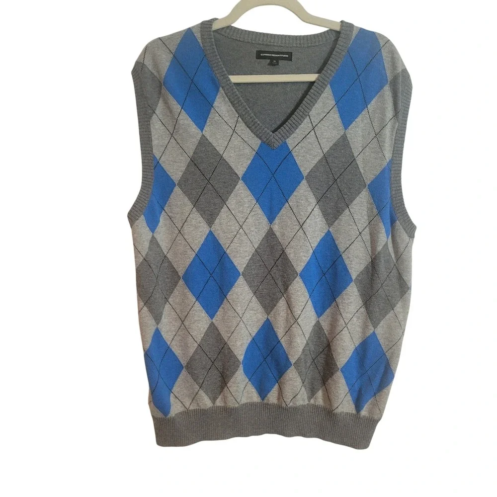 Express Men XL Argyle Sweater Vest Grey Blue Cotton Wool Blend Preppy Collegiate